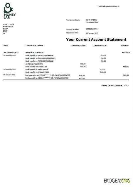 Relevé de compte Lettonie Money Jar Modèle Word et PDF